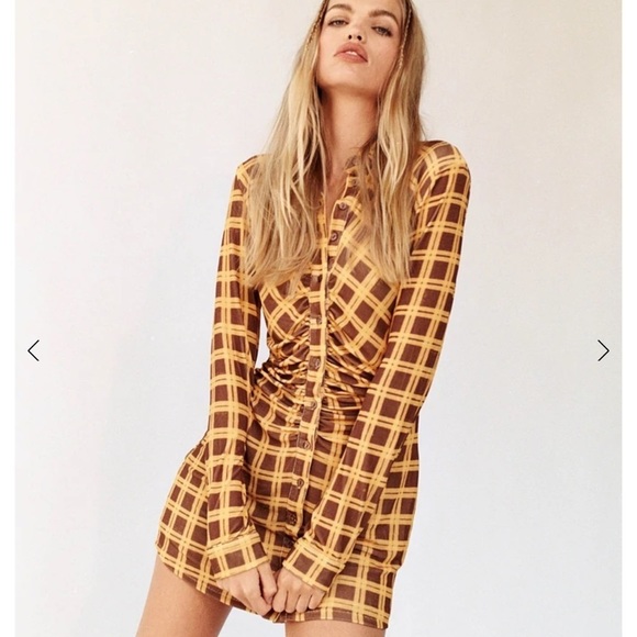 Long Sleeve Checked Button Down Mini Shirt  Dress - Picture 3 of 16